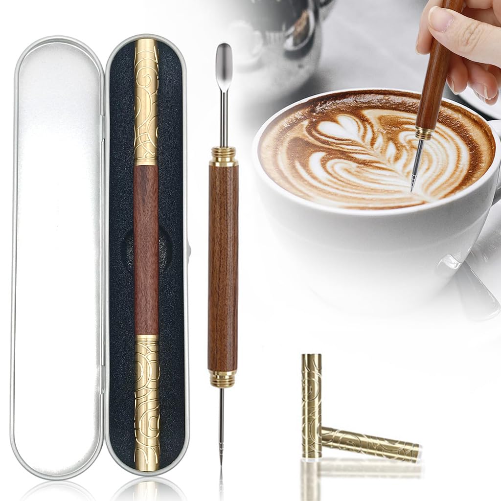 Supvox® Art Latte Pen Tool, Dual-Head Stainless Steel Coffee Etching Tool with Wooden Handle & Embossed Protective Cap, Milk Foam Drawing Pen for Cappuccino & Latte Art-image-28