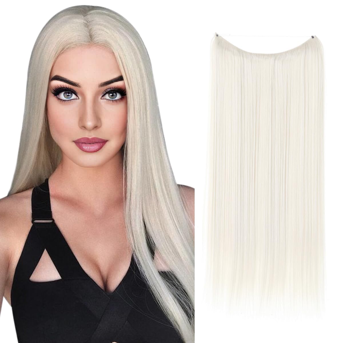 SARLA Invisible Wire Hair Extensions Platinum Blonde Long Straight Synthetic Hairpieces Adjustable Headband 22 Inch for Women Heat Resistant Fiber No