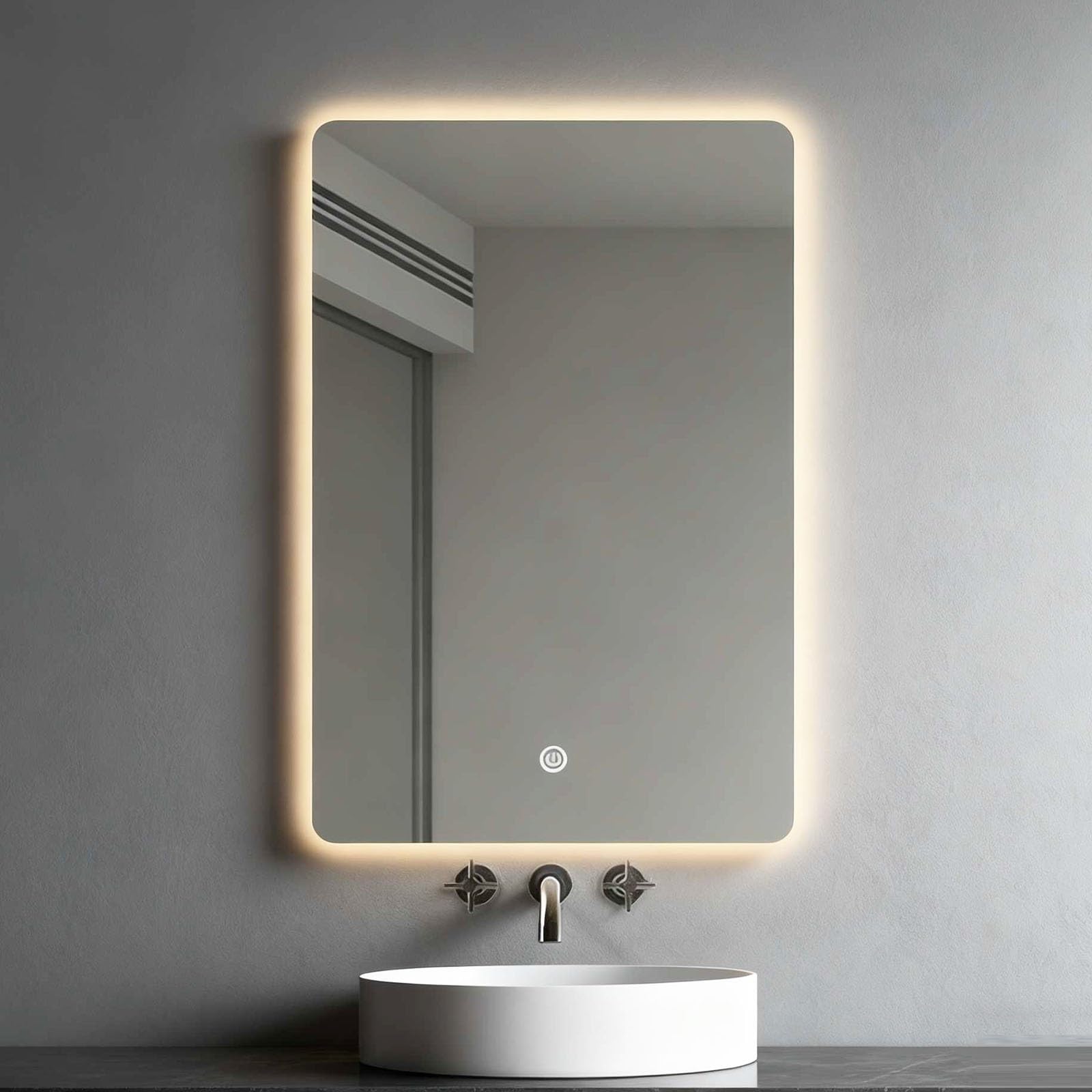 Specchio da Bagno Rettangolare con Luce LED Paralume, Specchio da Parete Senza Cornice, Illuminazione Regolabile A 3 Colori, Pulsanti Touch Specchio Cosmetico(Style A,70x90cm)