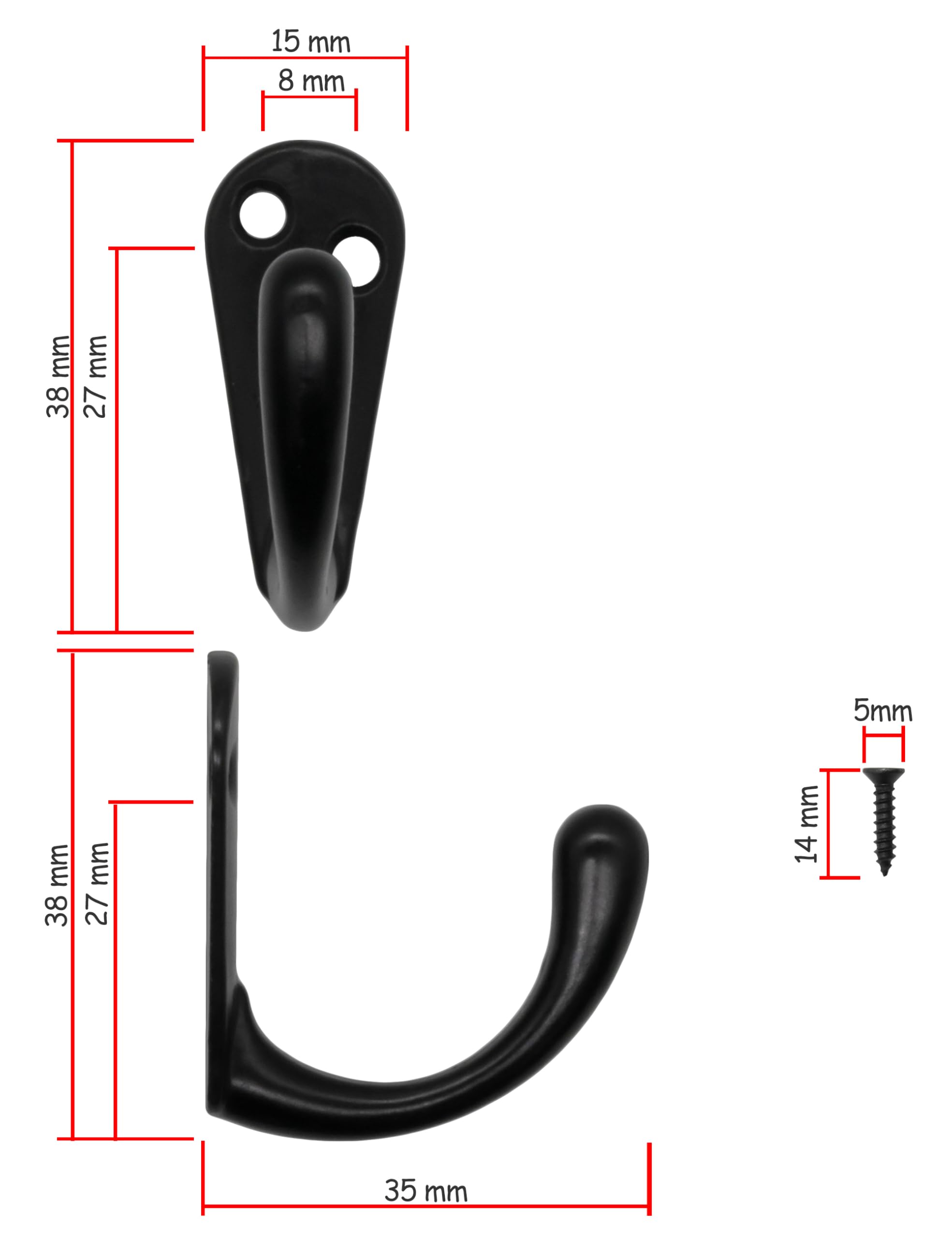 Fuxxer® 10 x klasyczne metalowe haczyki, haczyki do garderoby, uniwersalne haczyki, 38 x 35 mm, czarne