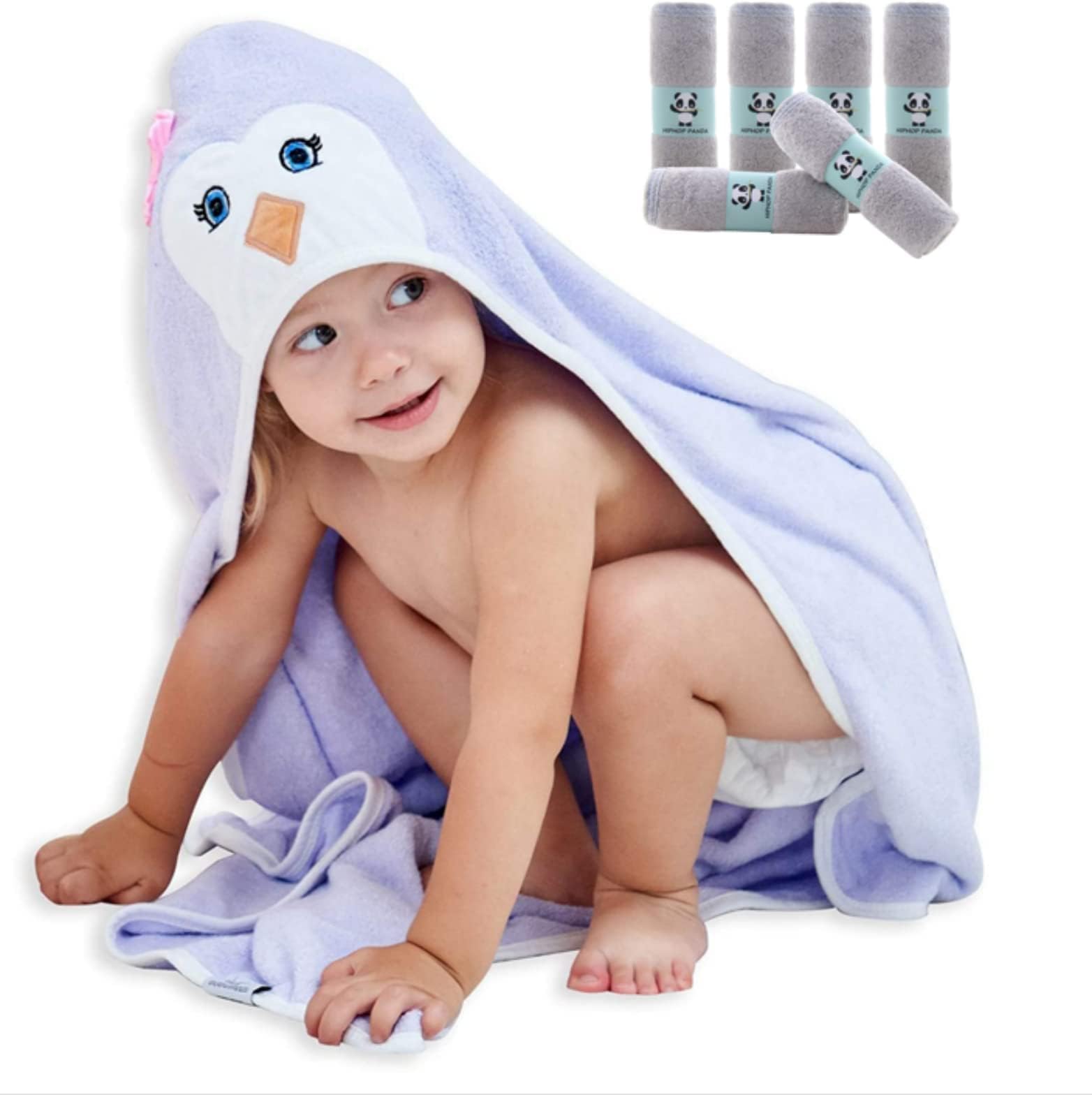 HIPHOP PANDA Baby Washcloths, 6 Pack and Baby Hooded Towel, Purple Penguin, 37.5 x 37.5 Inch