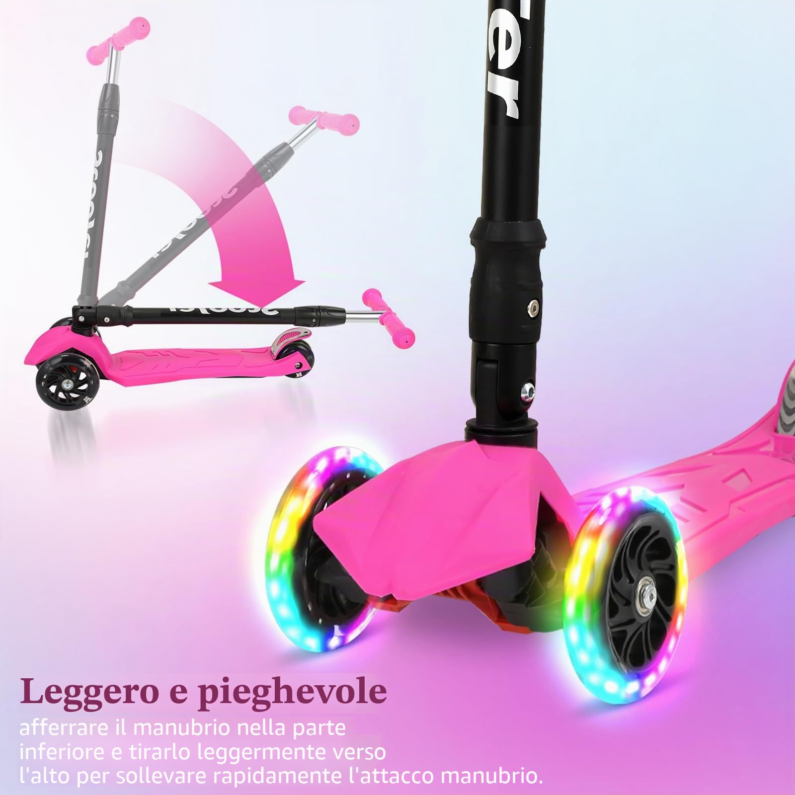 Fiqops Monopattino per bambini da 3 a 12 anni, scooter per bambini con 4 altezze regolabili, ruote luminose a LED per bambini, pieghevole, facile da guidare, freni posteriori