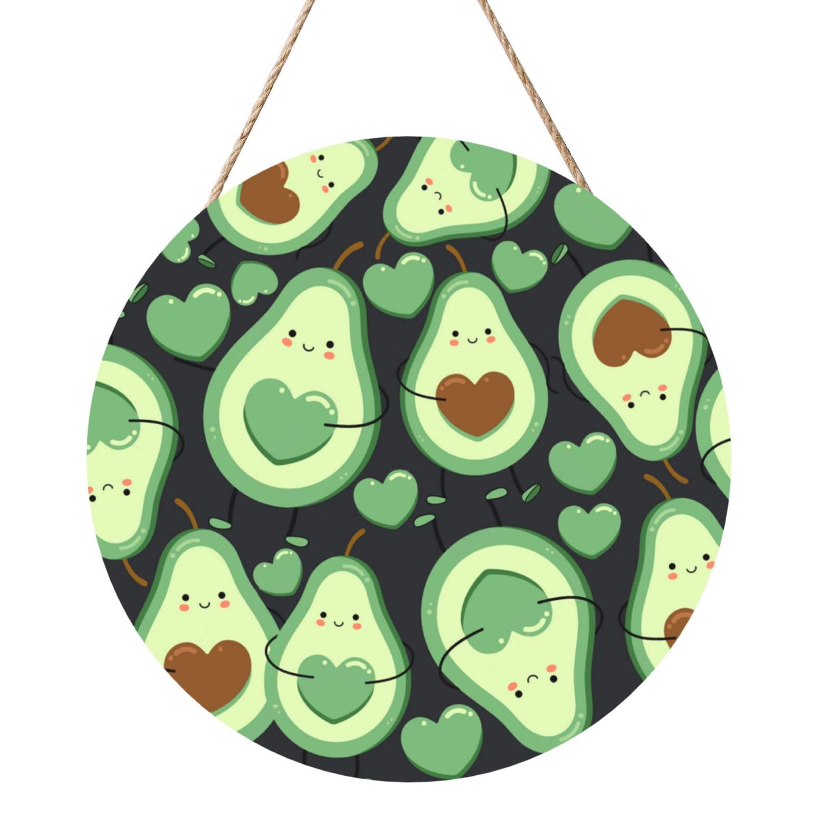 InOmak Cute Seamless Pattern Avocado Heart, Round Wood Panel Painting 12 in, Wall Hanging Painting For Home
