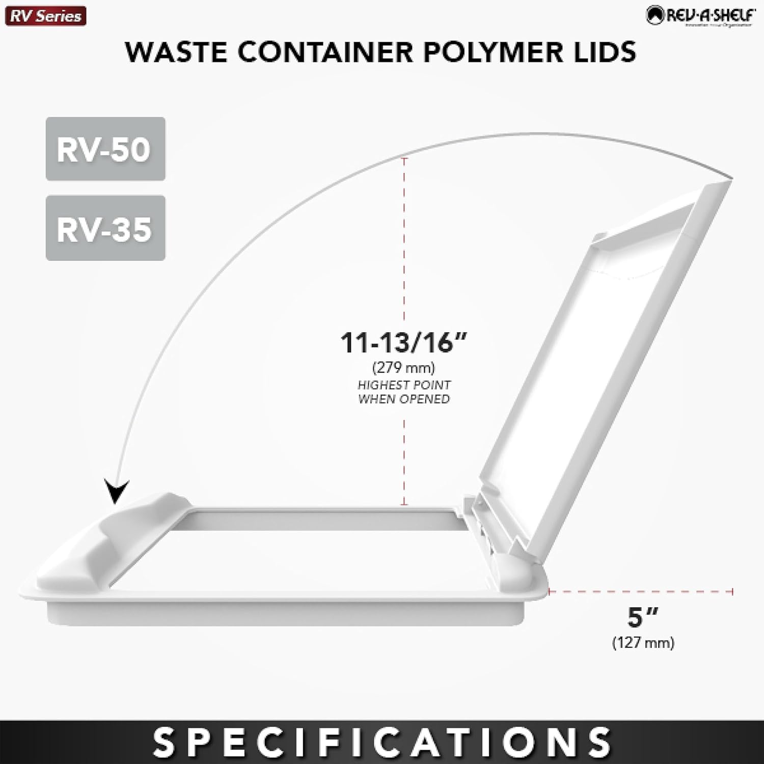 Features of Rev-A-Shelf 35 Quart Polymer Plastic Trash Can Replacement Lid, including material, easy cleaning, and lifetime guarantee.