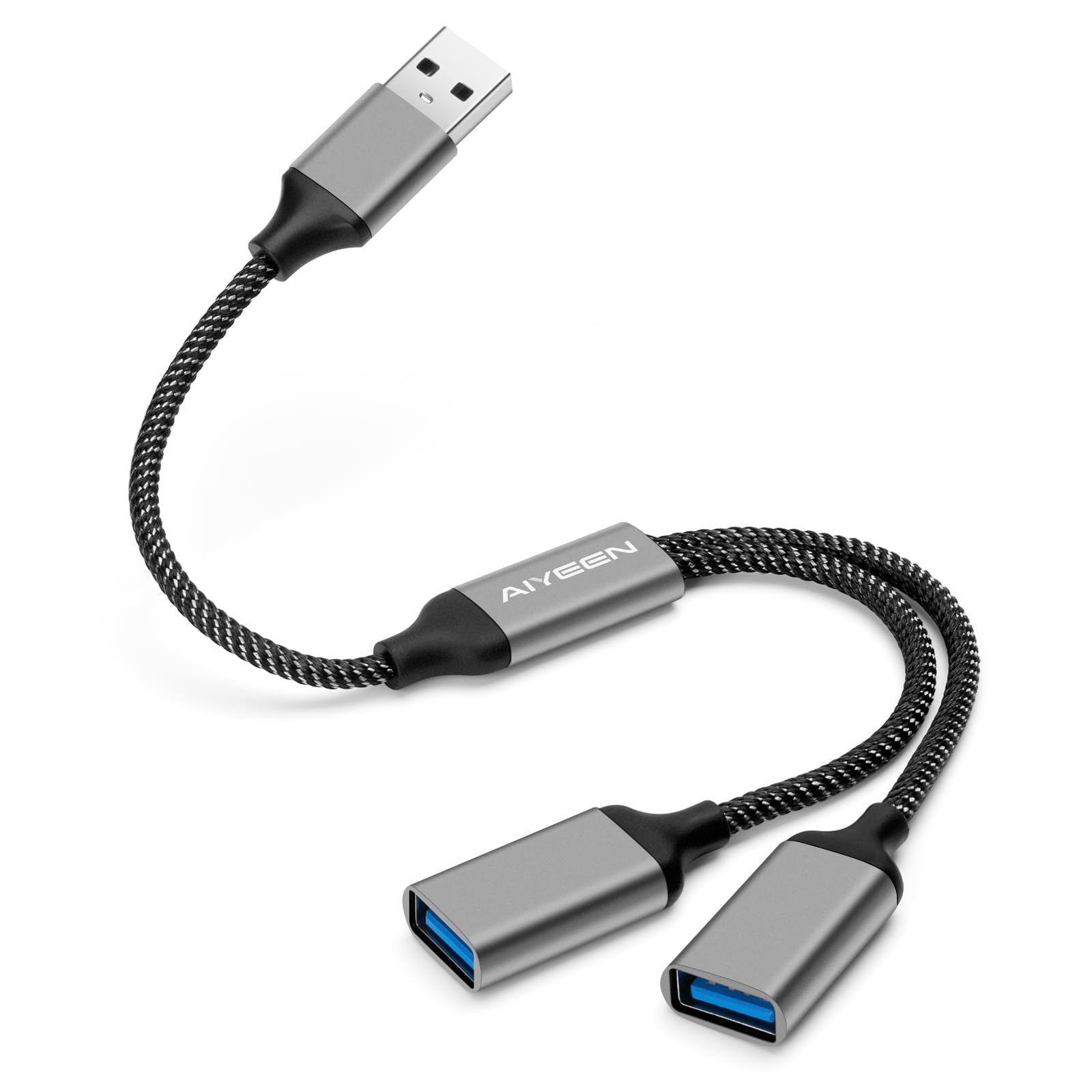 AIYEEN USB Splitter Cable, USB to Splitter Adapter 1 in 2 Out, Dual Port Hub for Data Transfer/Charging, Extra Extension Power Cable Split Data for Car/Laptop/Mac/PC (Grey)
