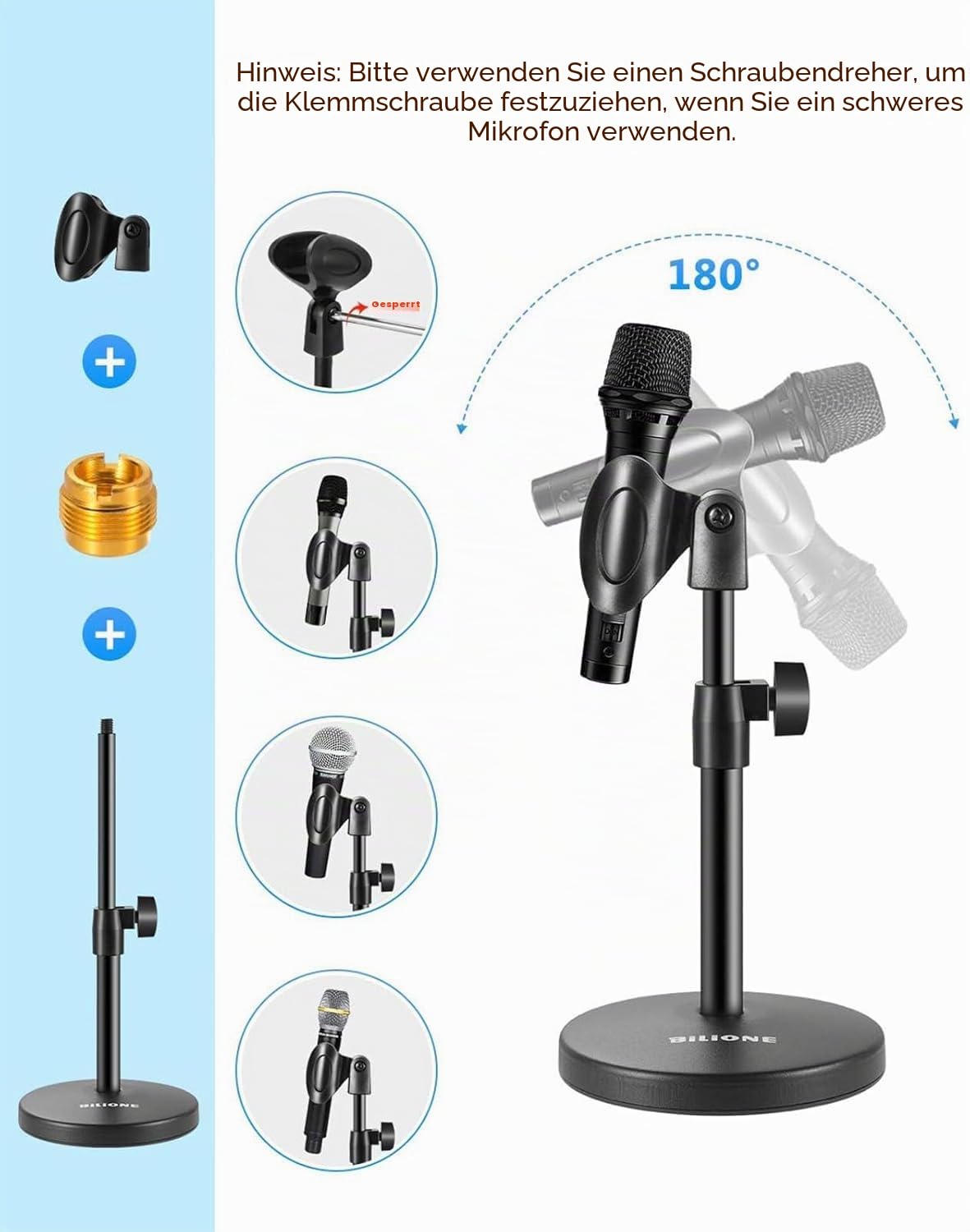 BILIONE 3-in-1 Multifunktions-Schreibtisch-Mikrofonständer, verstellbarer Tisch-Mikrofonständer mit Mikrofon-Clip, Handy-Clip, 5/8-Zoll-Stecker auf 3/8-Zoll-Buchse, Metalladapter
