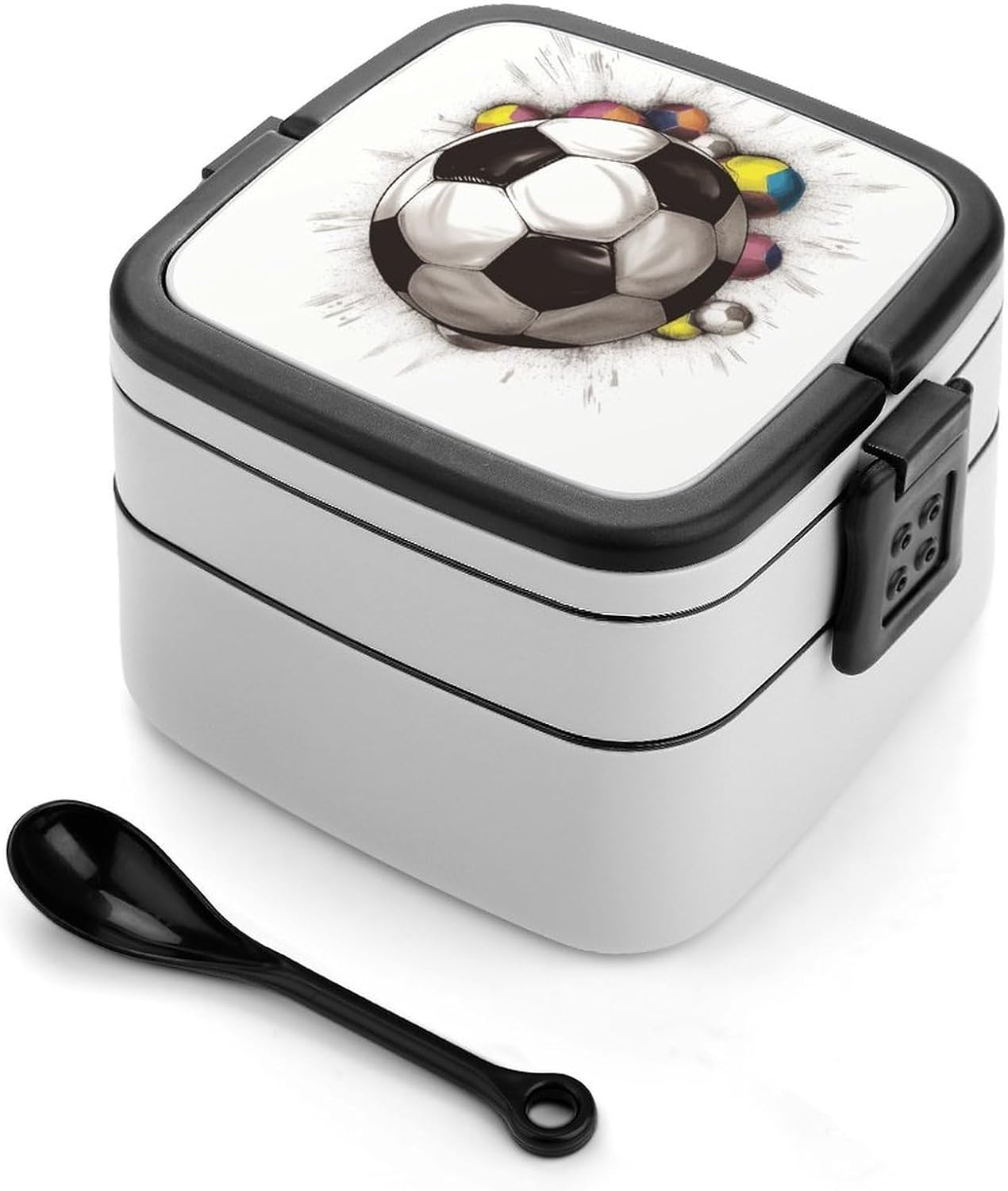 Soccer Drawing Bento Box with Spoon, 2-layer Stackable Lunch Box Leak Proof with Invisible Handle, Insulated Food Storage for Office, Picnic & Travel