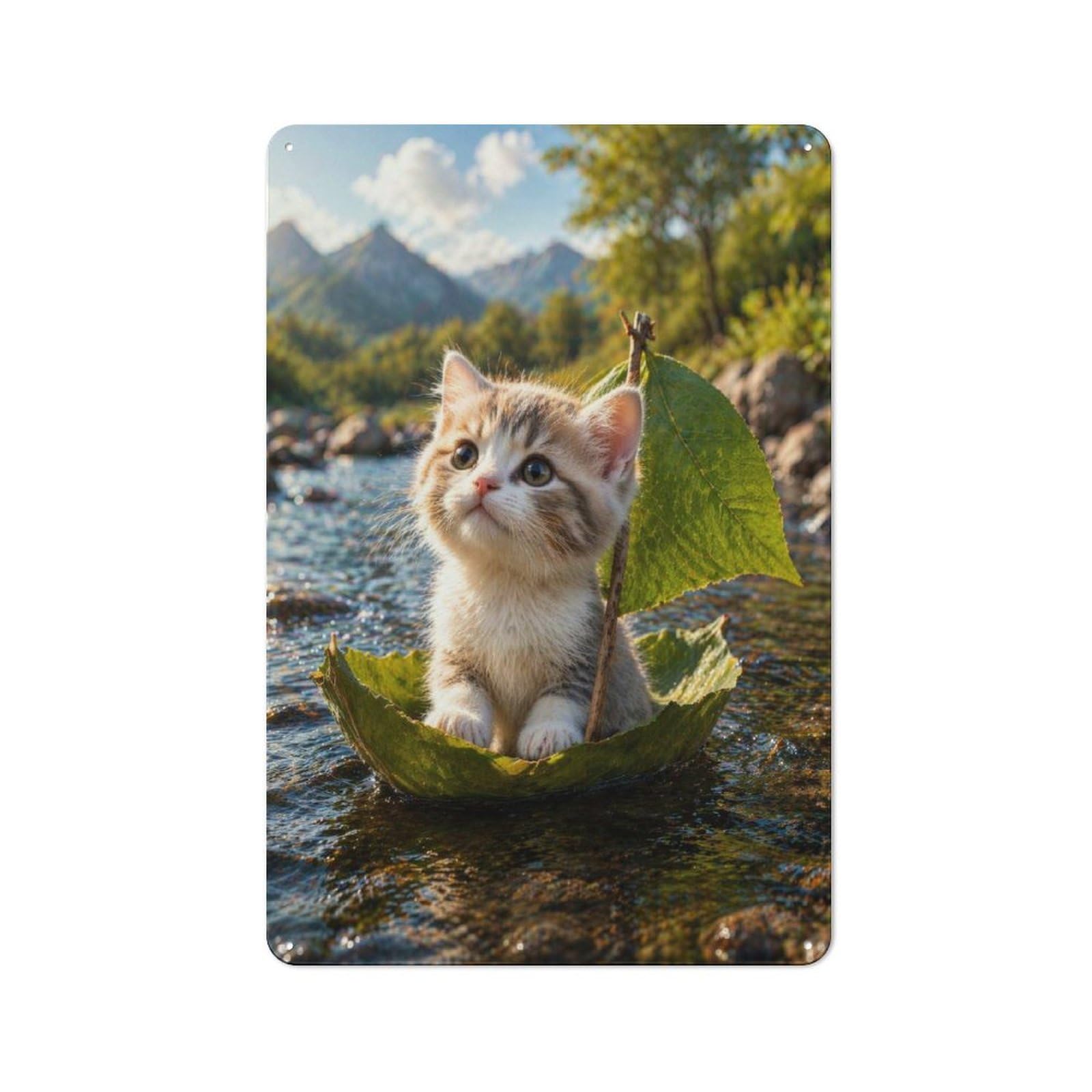 Junmoney Style-16 Garage Style Metal Wall Sign 30X20cm Featuring Kitten Sailing On A Leaf Boat, Garage Wall Decor For Garage, Hobby Room, Office Or Man Cave