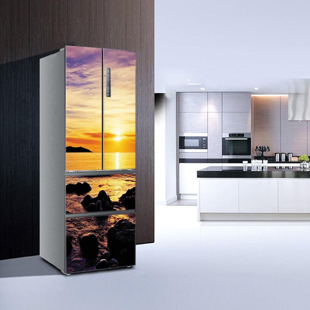 Naklejka na lodówkę Pełne pokrycie drzwi Pokrowce na lodówki Decor, skórki zamrażarki Naklejki ścienne do kalkomanii kuchennej, Sunset Seascape Reef ，Naklejki na lodówkę(L: 100x180 cm)