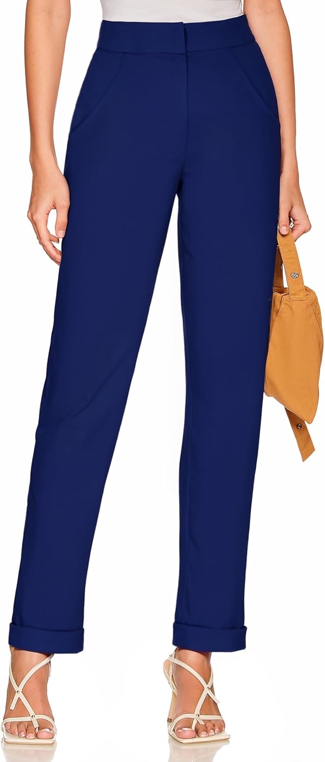 Hybrid & Company Womens High Waist Refined Straight Leg Fit Pants Business Casual Trousers with Pockets