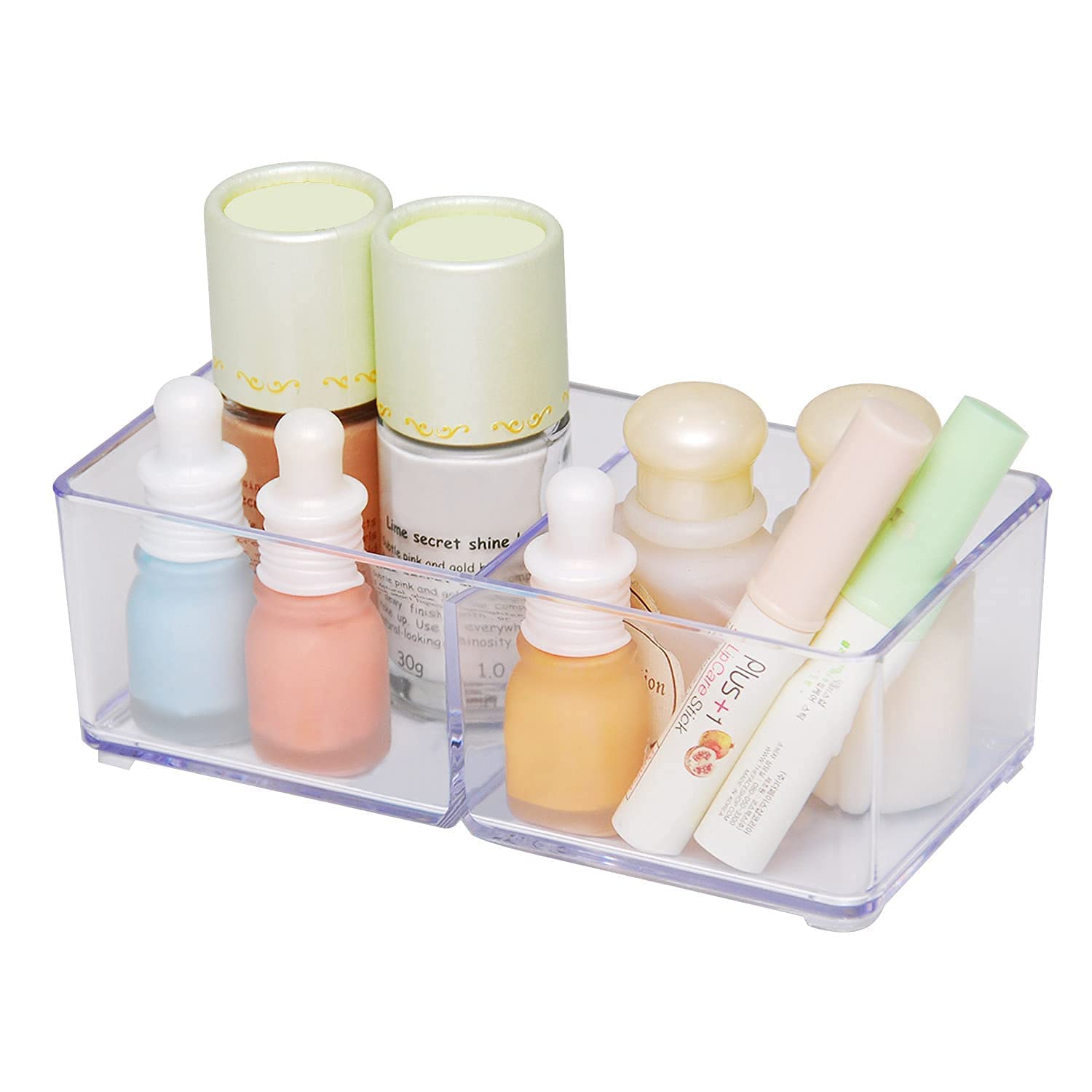 carrotezMakeup Organizer, Drawer Organizer, 2 Compartment Clear Plastic Organizer for Makeup, Bathroom, Desk, Vanity, Office