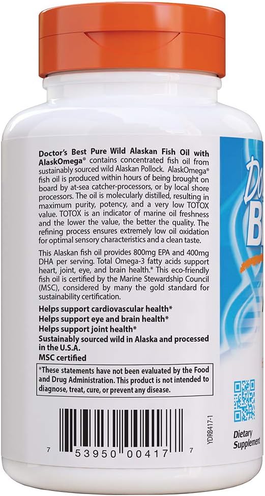 Doctor's Best Pure Wild Alaskan Fish Oil with AlaskOmega, Heart, Brain, Mental Wellbeing, Eyes, Non-GMO, Gluten Free, 180 Marine Softgels