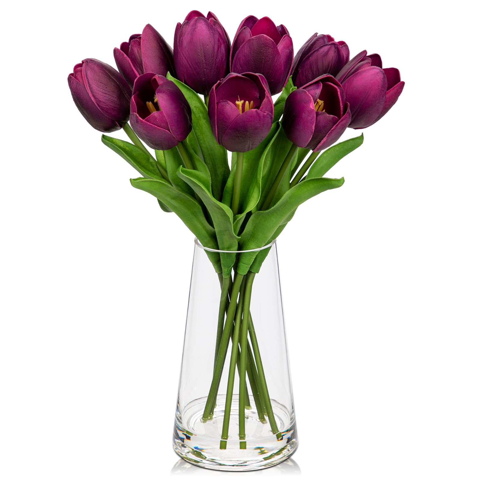Fake Tulips Artificial Tulip Flowers in Glass Vase with Faux Water, 14.2" Real Touch Purple Tulip Flowers Décor for Table Centerpiece Home Farmhouse