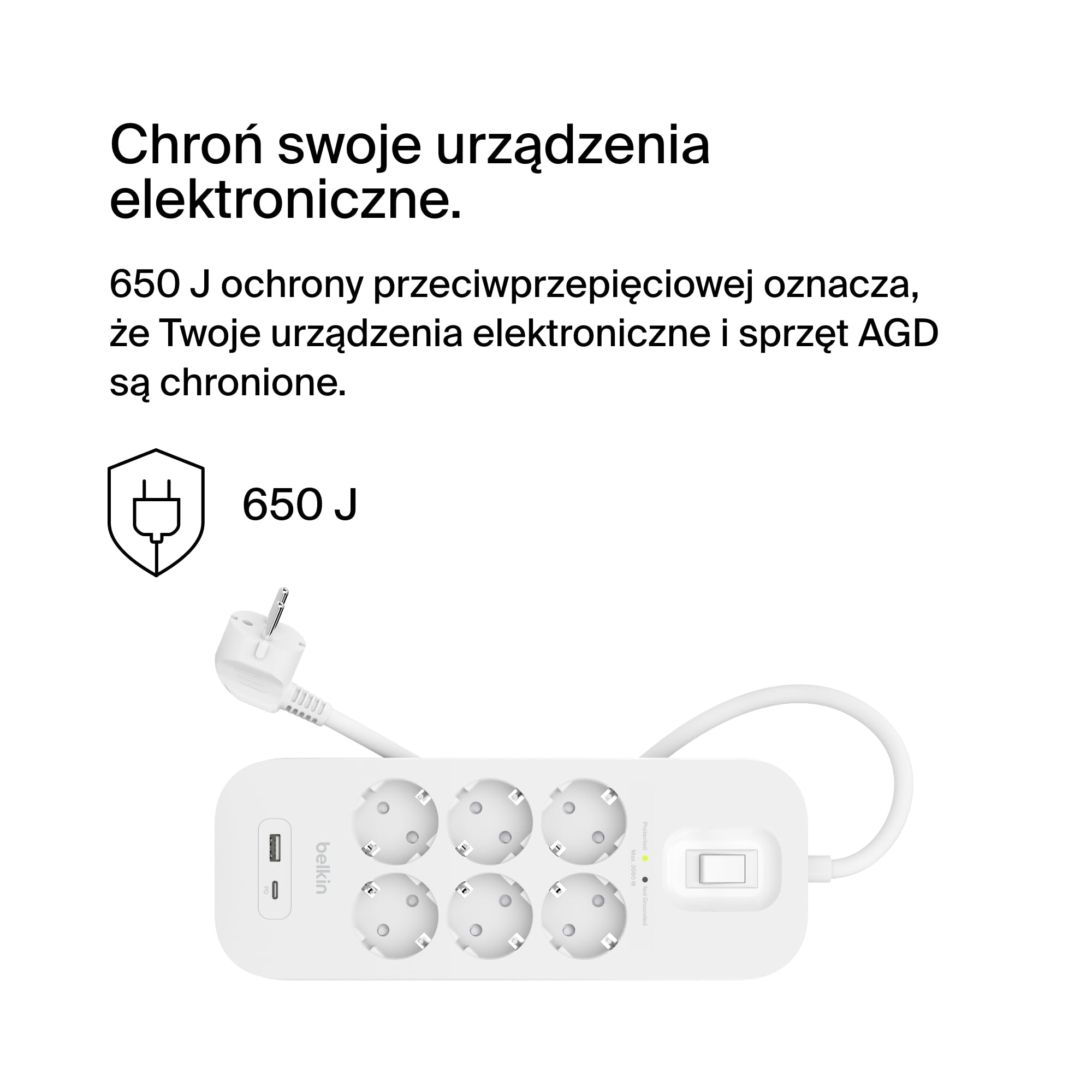 Belkin Listwa przeciwprzepięciowa z 6 gniazdami, montaż na ścianie, 6 gniazd AC, kabel 2 m i zielony wskaźnik świetlny – port USB-C i port USB-A z szybkim ładowaniem USB-C PD – poziom ochrony 650 J