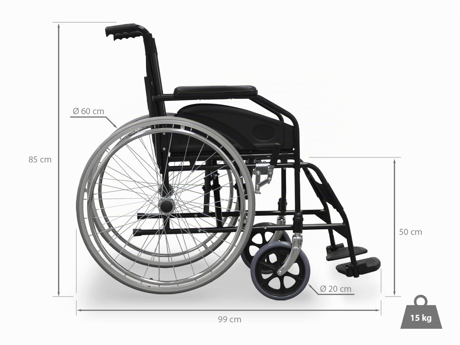 Carrozzina pieghevole da trasferimento WELLCORE, Telaio in acciaio, Leggera e compatta, Ruote piene, Freni azionati dalla maniglia, Schienale pieghevole, Larghezza seduta 46 cm, Fino a 100 kg
