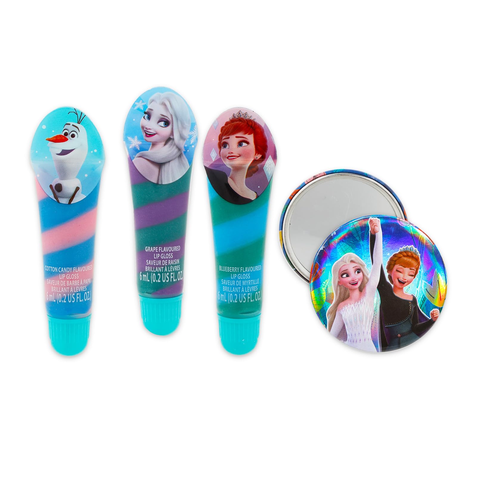 Frozen Lipgloss Set - Bundle mit 3 Frozen Gloss Tubes und 1 Spiegel, Frozen Sticker und mehr | Anna und Elsa Lipgloss Kit