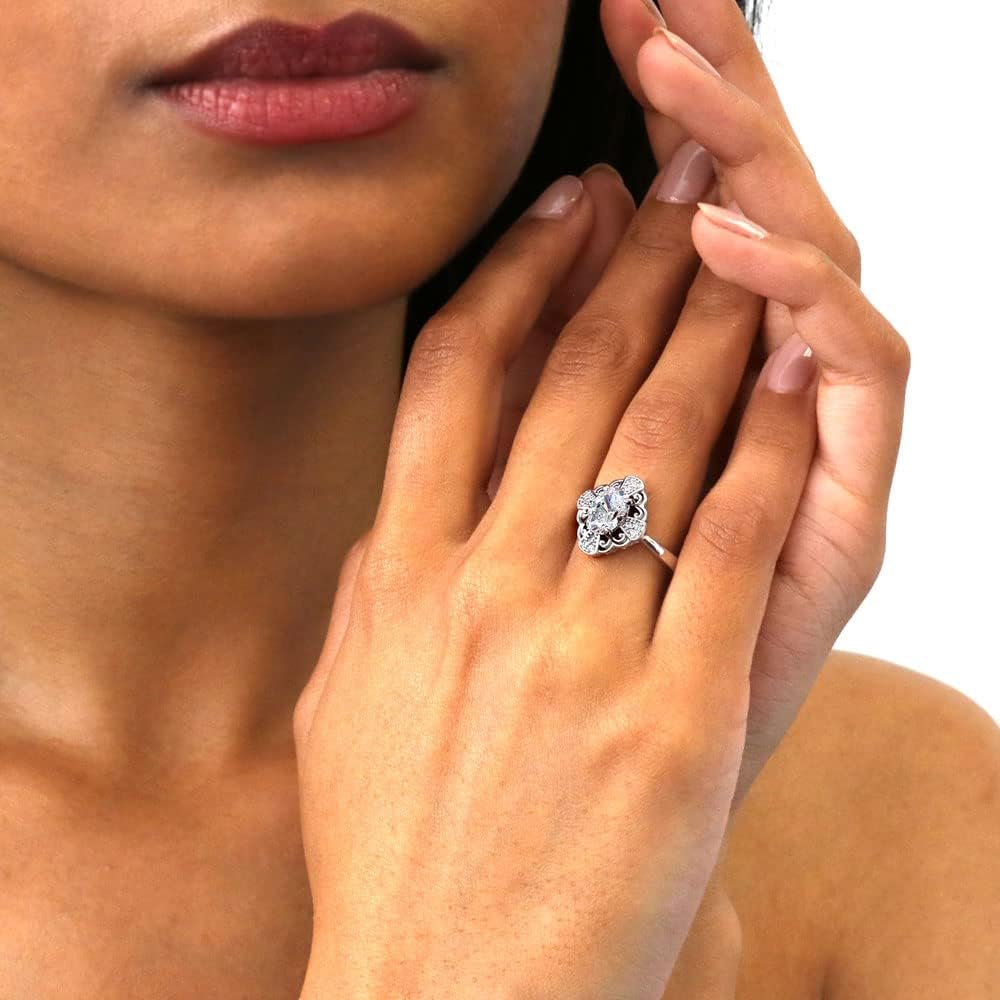 BERRICLE Sterling Silver Halo Wedding Engagement Rings Oval Cut Cubic Zirconia CZ Flower Ring for Women, Rhodium Plated Size 4-10