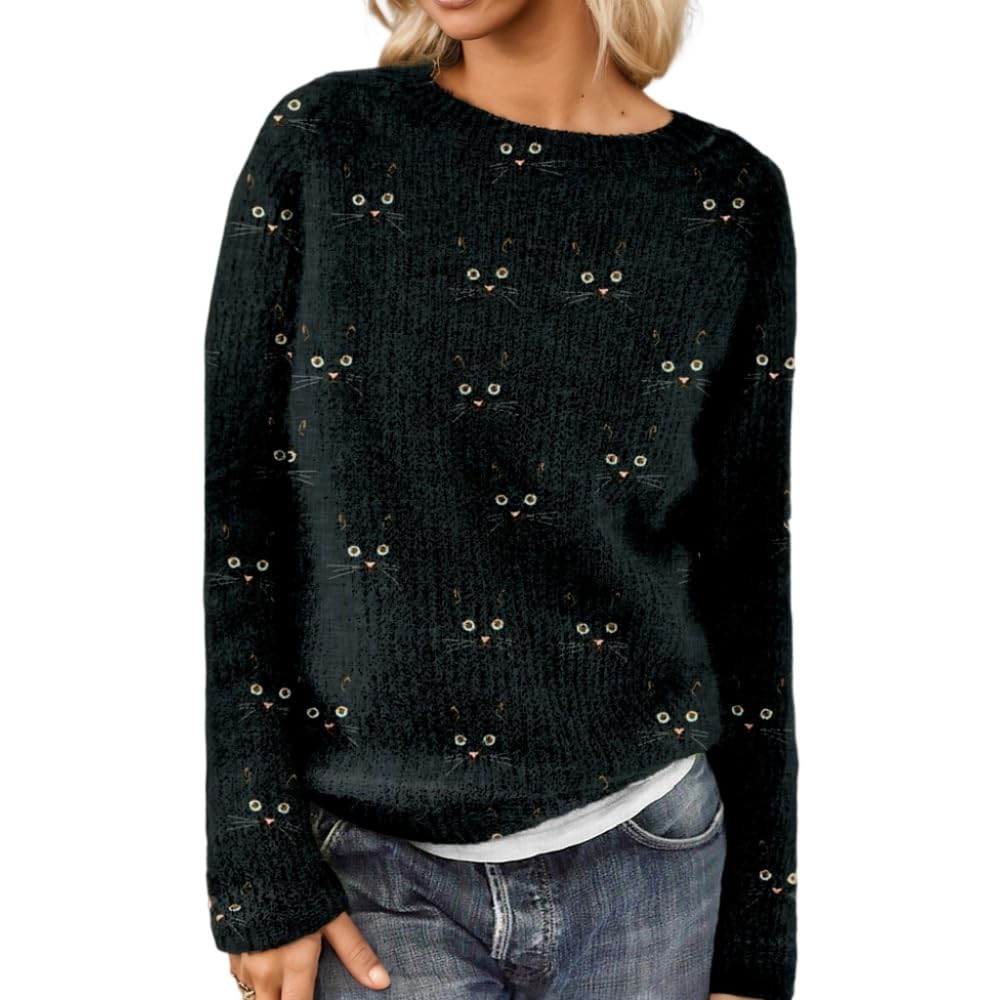 Akivide Womens Fall Winter Cute Cat Graphic Floral Print Sweater Casual Loose Long Sleeve Crewneck Sweatshirt Oversized Tops