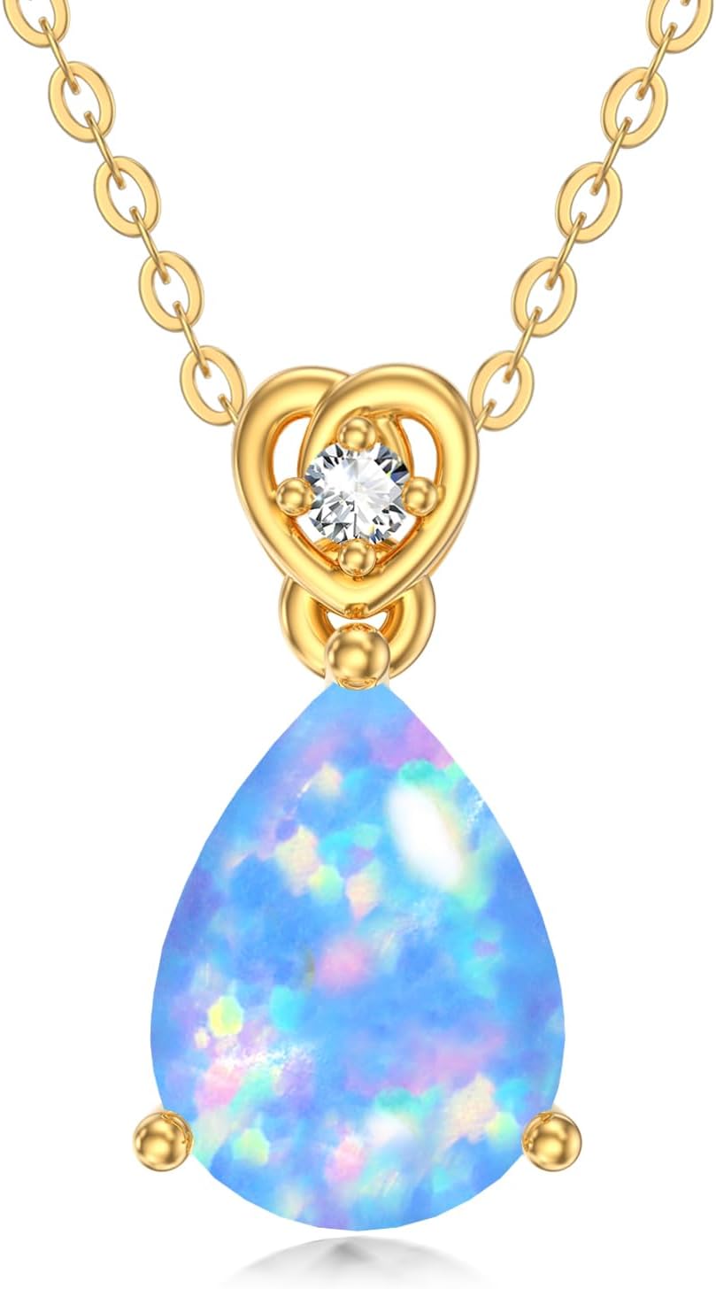 14k Yellow Gold Pear Opal Necklace for Women,2 Carat 7MM*9MM Teardrop Created October Birthstone Pendant Anniversary Birthday Mother's Day Christmas Necklaces for Her 16+2 inch