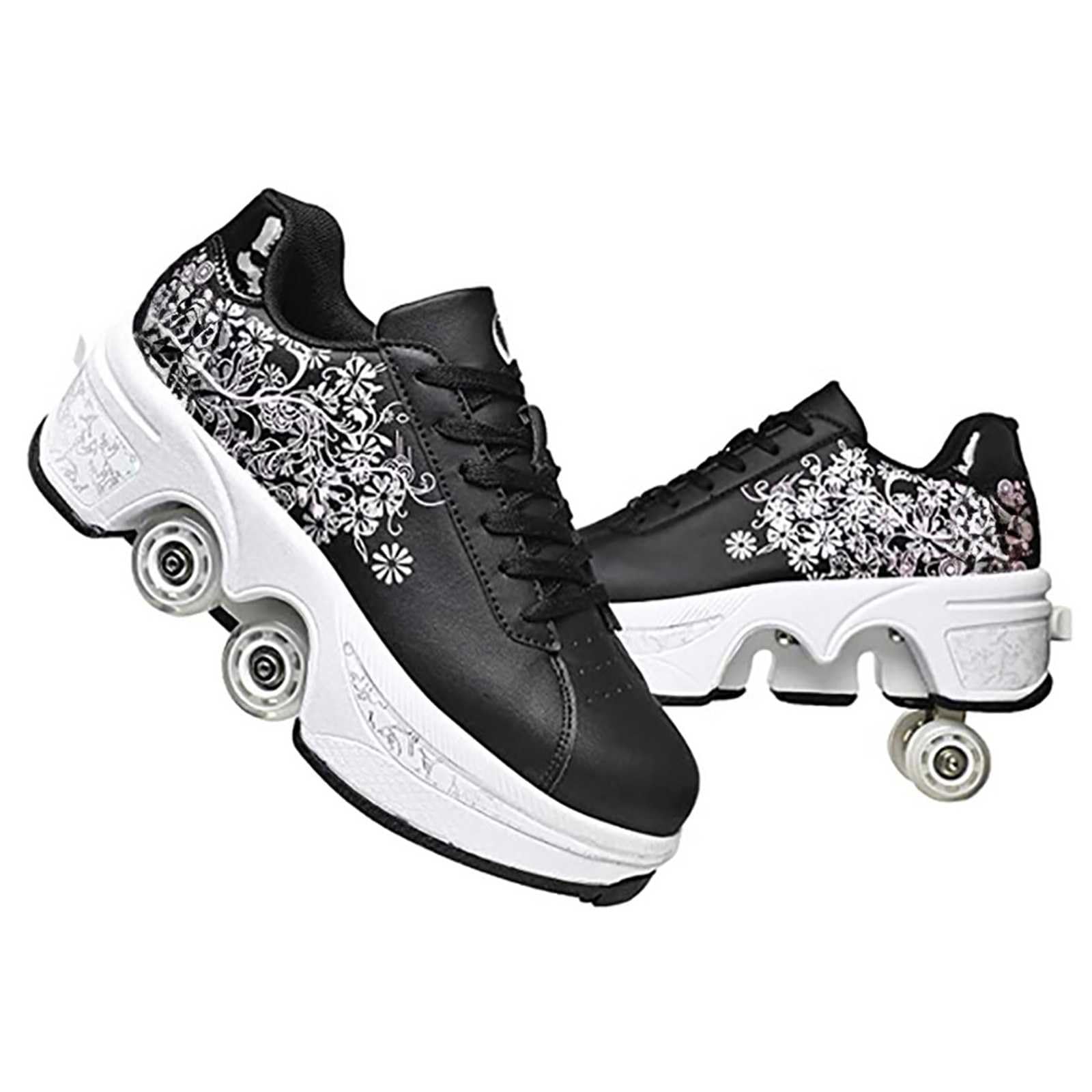 Roller Skates, Roller Skate Shoes for Boys Girls, Wheeled Shoes, Roller Shoes, Outdoor Retractable 4 Wheels Skateboard Sneakers, Shoes with Wheels for Men and Women Black Pink