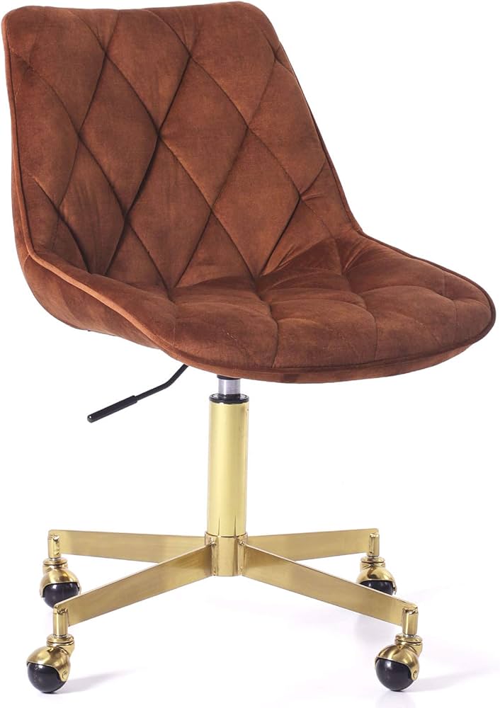 Creatuis Modern Velvet Armless Office Vanity Desk Task Chair with Wheels Rolling Swivel Accent Chair with Gold Metal Base Stool Chair for Women Grils Make up Study J&L Furniture(Brown