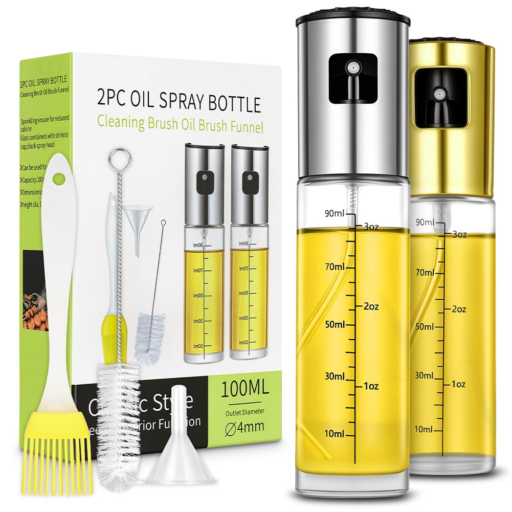 OSDUE Oil Spray Bottle, 2 Pack 100ml Stainless Steel Olive Oil Spray Bottle with Accessories, Leakproof Vinegar Glass Dispenser Bottles for Cooking, BBQ, Salad, Baking, Air Fryer