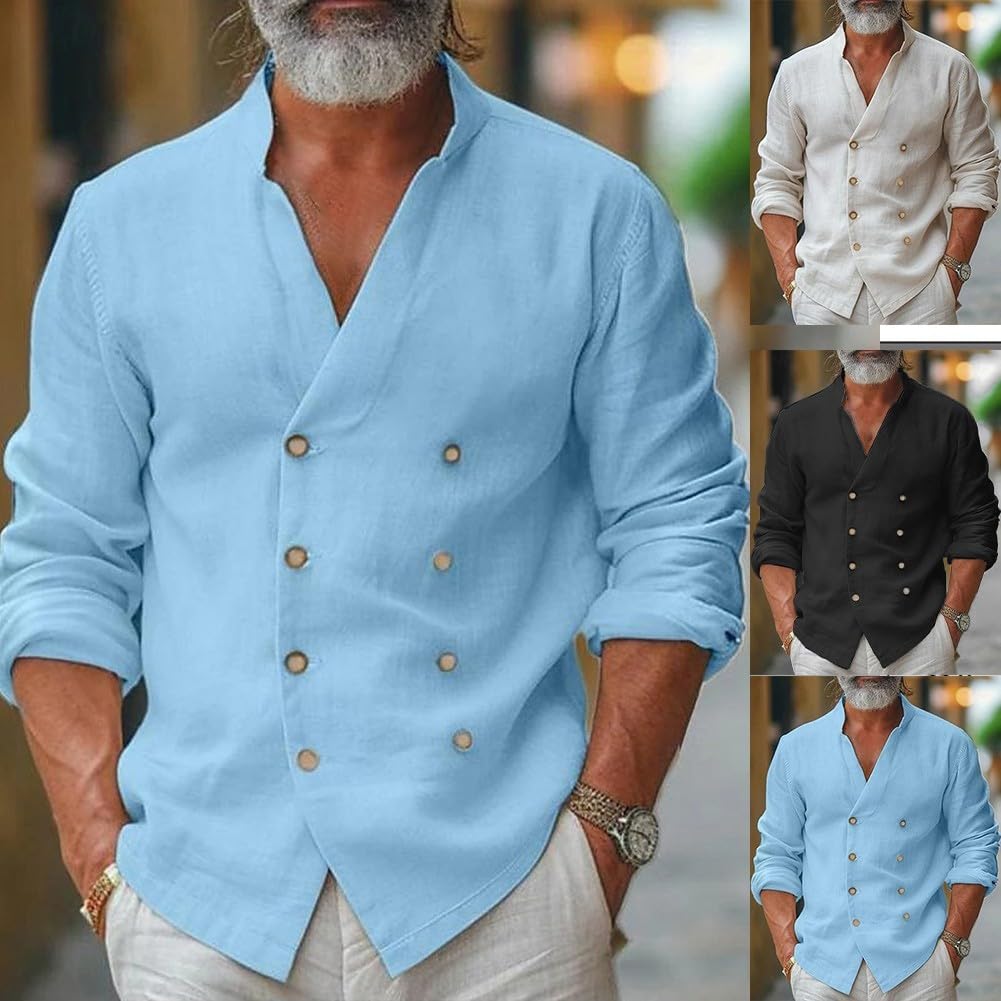 Camicia doppiopetto casual da uomo in lino per vacanze e abbigliamento quotidiano (XL beige)
