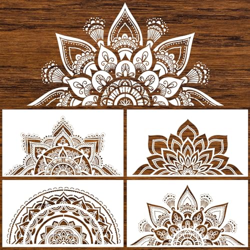 18x10 Inch Mandala Stencil Reusable Mandala Painting Templates Stencil Floral Design Drawing Stencil for DIY Wall Tile Furniture Canva Outdoor Indoor Decoration 4 PCS