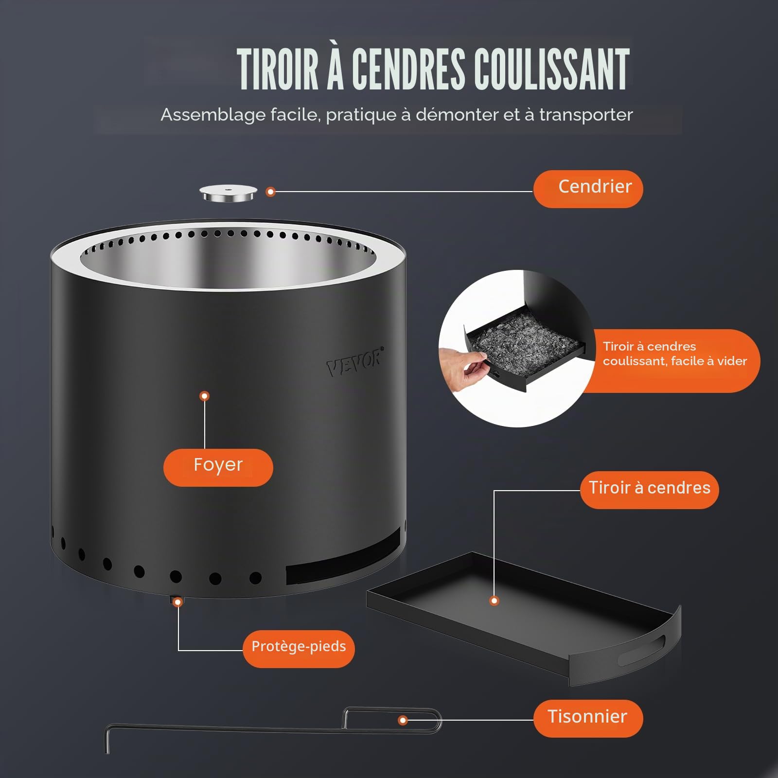 VEVOR Brasero à Bois sans émission de fumée, 380x320 mm, Foyer à feu avec bac à Cendres Amovible, Foyer d'extérieur Portable intérieur en Acier Inoxydable SUS430, pour Camping en terrasse extérieure