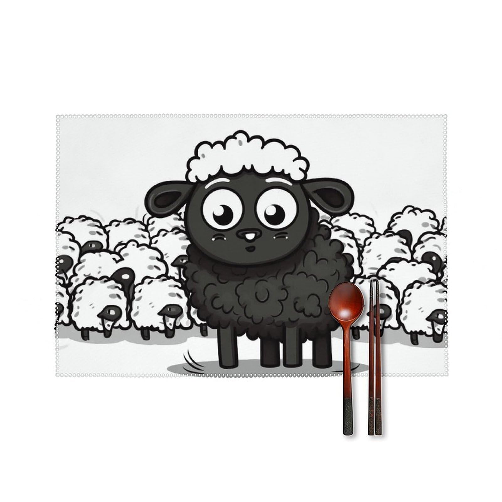 Cartoon Black White Sheep Placemats Set of 6 Wipeable Table Mats for Kitchen Dining Table Heat Resistant Waterproof Modern Indoor/Outdoor Non-Slip Easy Clean Place Mats