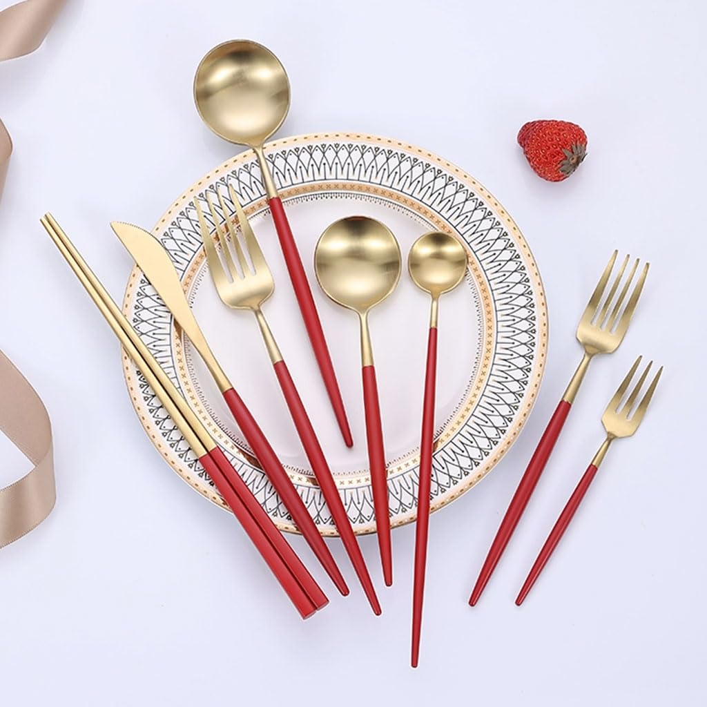 Exquis Ensemble d'argenterie, Couteau, Fourchette et cuillère, Ensemble de Couverts en Acier Inoxydable, Couverts Occidentaux de Cuisine Domestique polis Miroir (Rouge) portatif