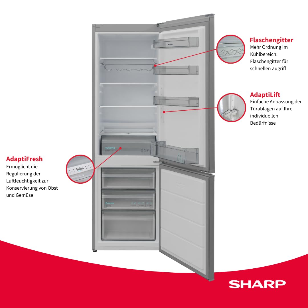 SHARP SJ-FBB05DTXLD-EU freistehende Kühl-Gefrierkombination (Low Frost, EEK D, 288 L, 38 dB), (Gemüsefach mit Feuchtigkeitsregler), Inox Look, H180 x B54cm