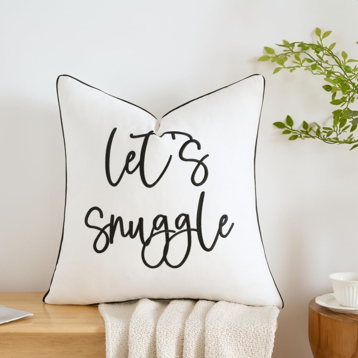 Sunkifover Let's Snuggle Decorative Lumbar Pillow Cover - 14x36 Inch Brown and White Cotton Embroidery Throw Pillowcase for Bed, Bedroom, Living Room, Home Decor