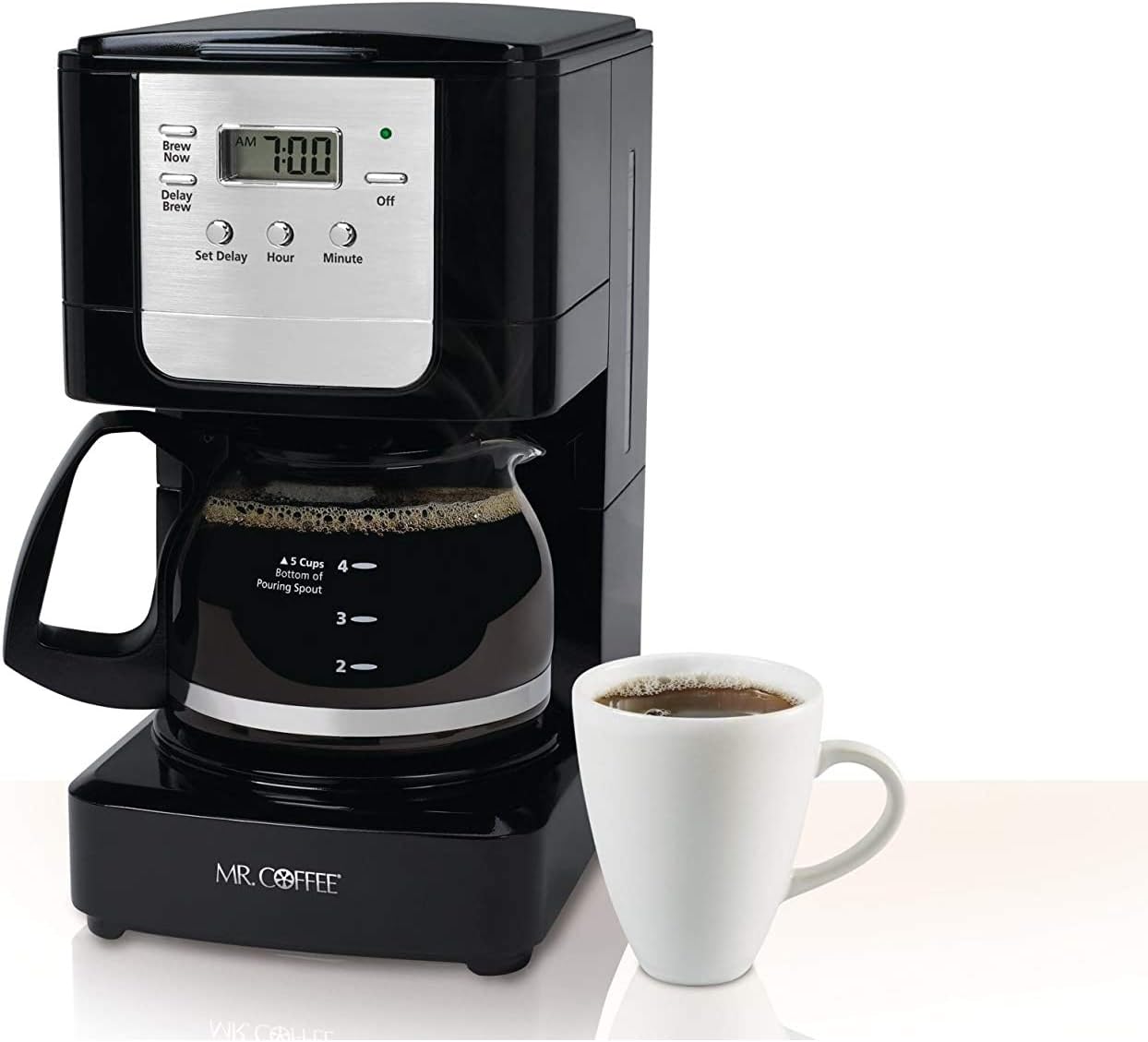 ເທິງ view of the Mr. Coffee Advanced Brew 5-Cup Programmable Coffee Maker with the lid open, showing the filter basket filled with coffee grounds and a paper filter.