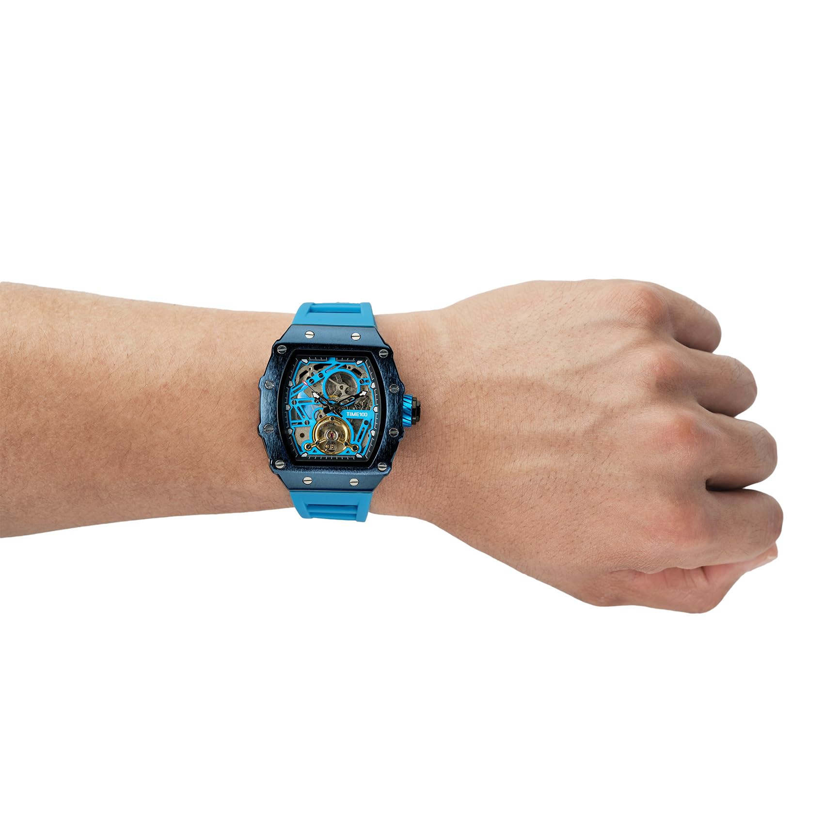TIME100 automatik Uhr Herren,Wasserdicht Leuchtzeiger Pilot Serie Angel Wing Business Schwungrad Uhr,mechanisches Uhrwerk Herren Armbanduhren Leder/verstellbares Silikonarmband Skelett