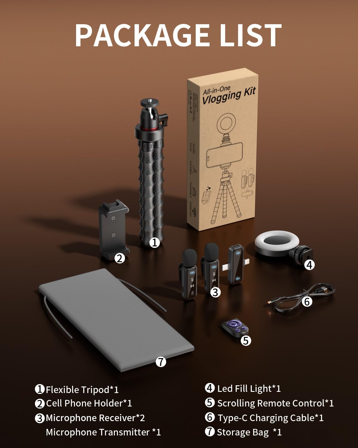 Kit vlogging per iPhone/Android, treppiede flessibile da 9 pollici per iPhone con luce, telecomando wireless e microfono, creatore di contenuti regolabile YouTube Starter Kit per TikTok/Registrazione