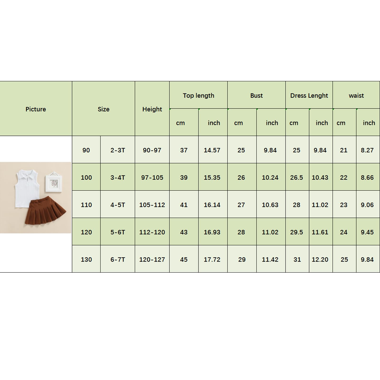 NANCHNEGGU 2PCS Toddler Baby Girls Sleeveless Lapel Ribbed Knitted Shirt + Pleated A-line Skirt Outfits Sets (White Brown, 4-5 Years)