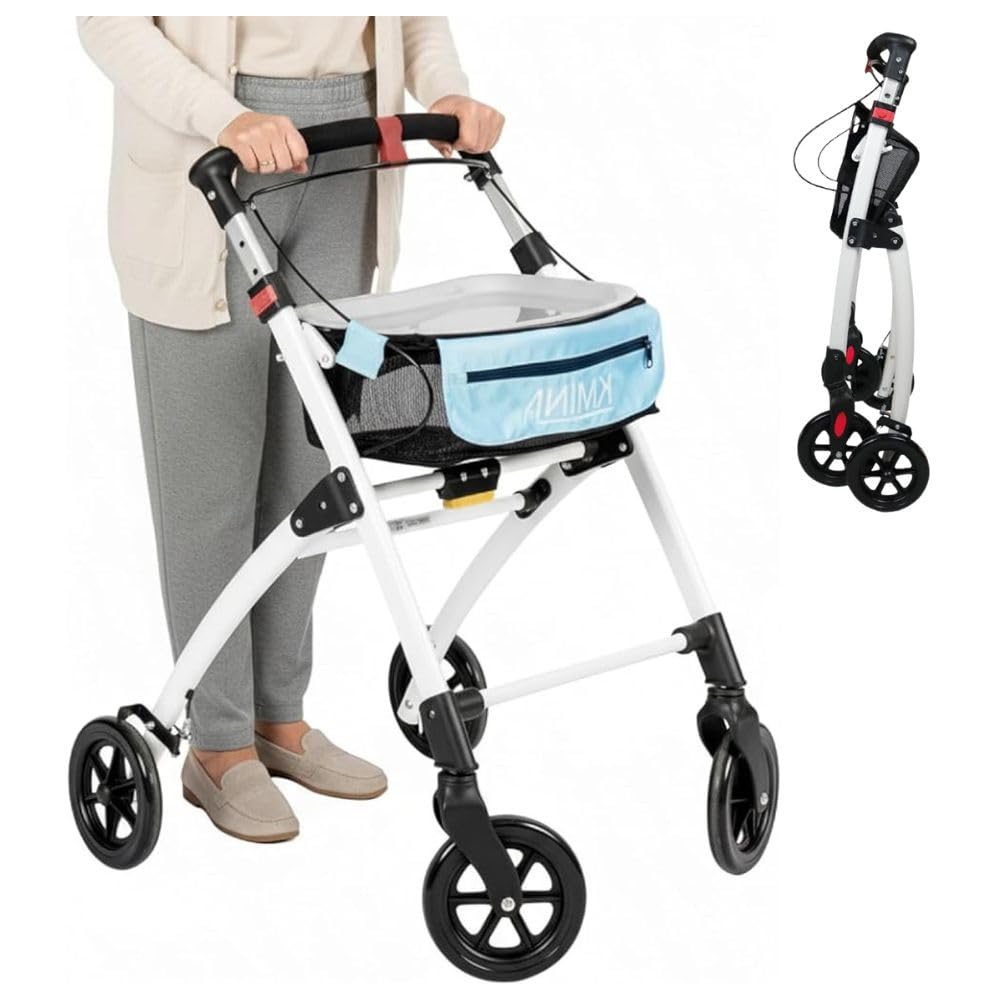 美品◎KMINA Walker 四輪歩行器 杖付き折りたたみチェア付属 Amazon | KMINA PRO 歩行器 高齢者用 室内 歩行車 四輪 小型 手押し車