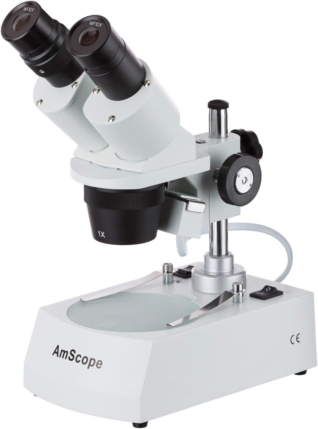 AmScope SE305R-PY Forward-Mounted Binocular Stereo Microscope, WF10x and WF15x Eyepieces, 10X/15X/30X/45X Magnification, 1X and 3X Objectives, Upper and Lower Halogen Lighting, Reversible Black/White Stage Plate, Pillar Stand, 120V
