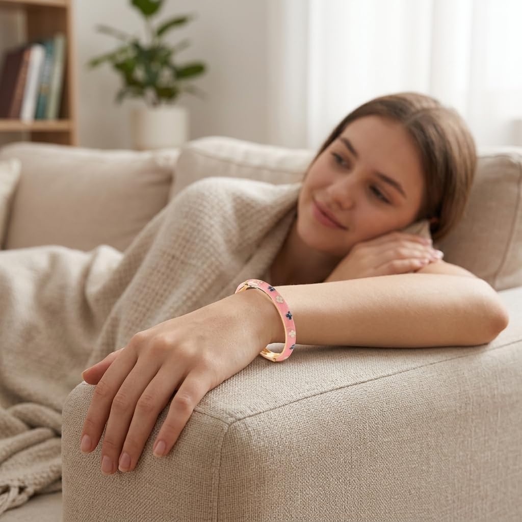 Enamel Bracelet For Women, Flower Cloisonne Chunky Bangle Cute Colorful Floral Pattern Gold Plated Trendy Bracelets Stackable Wife Jewelry Gift
