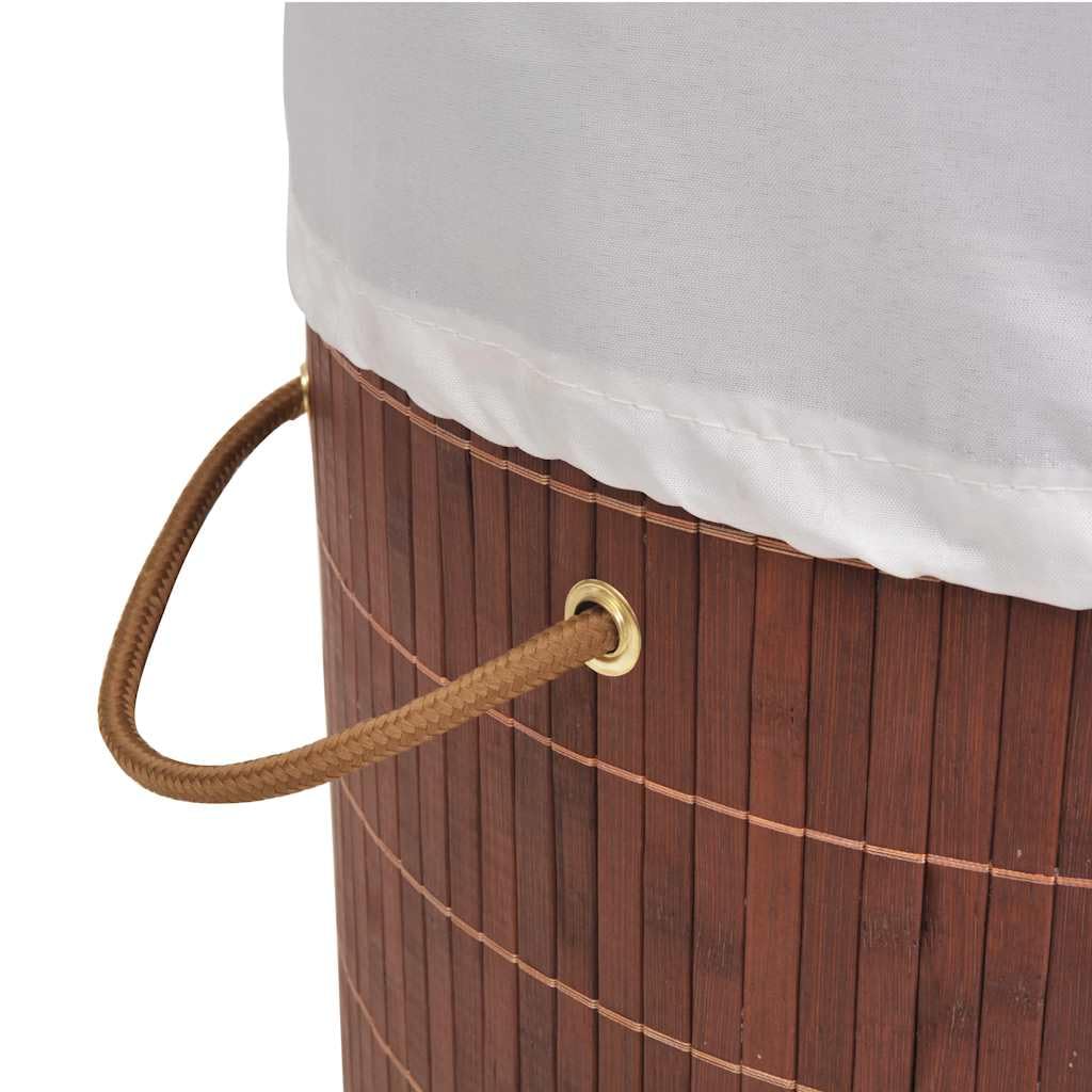 Panier à linge rond en bambou marron avec poignée et couvercle, 35 x 60 cm, pliable et peu encombrant, avec insert en tissu polyester amovible, panier à linge stable pour salle de bain