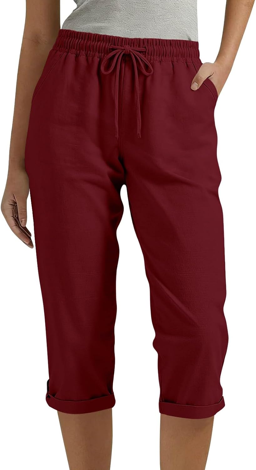 Cotton Linen Pants for Women Capri Drawstring Elastic Waist Casual Trousers Summer Straight Lounge Beach Outfits