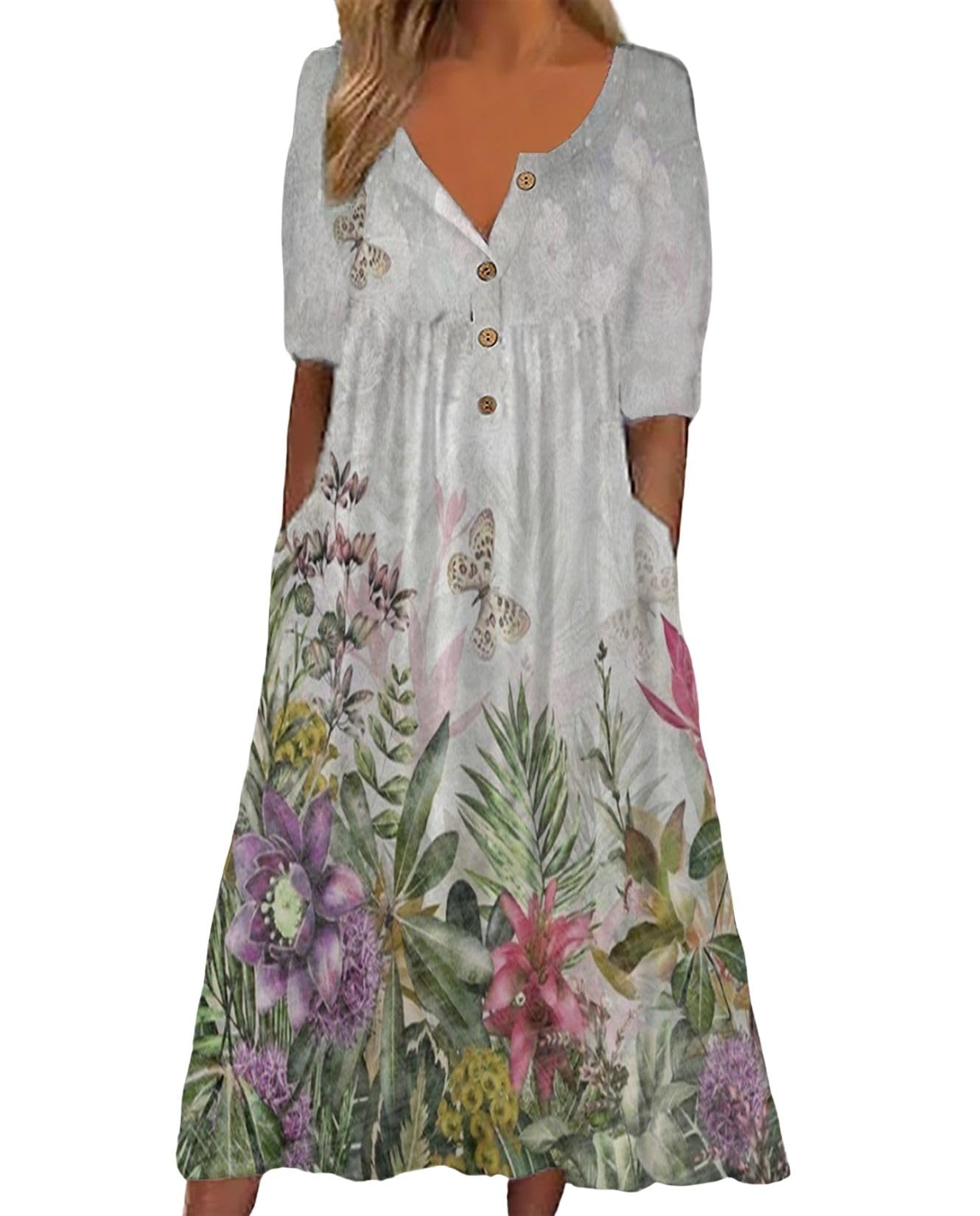 Zhyaj Boho Dress for Womens Floral Print Short Sleeve Maxi Dress V-Neck Casual Fall Vacation Dress with Pockets