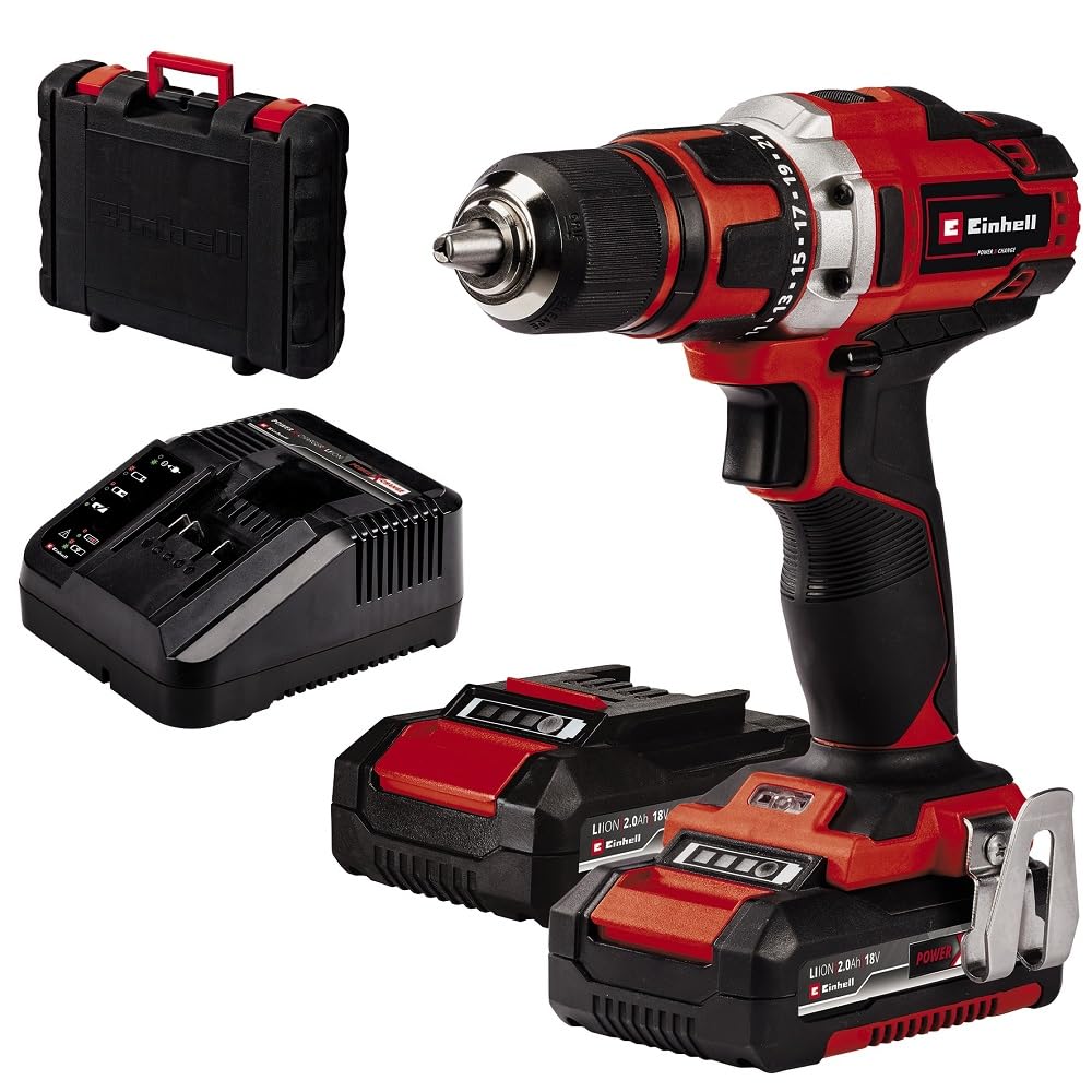 Einhell Taladro con batería TE-CD 18/40-1 Li Kit Power X-Change (18 V, 40 Nm, portabrocas de 13 mm, 2 marchas, 21 niveles de par + etapa de perforación, incl. 2 baterías de 2,0 Ah + cargador)