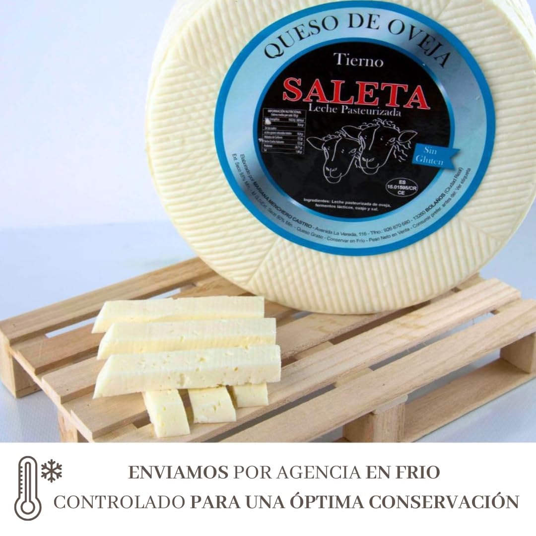 SALETA® Queso Artesano Tierno de Oveja Entero Gourmet (0,5Kg) | Sin Conservantes ni Aditivos | Queso Pasteurizado | Leche Pasteurizada de oveja, cuajo y sal
