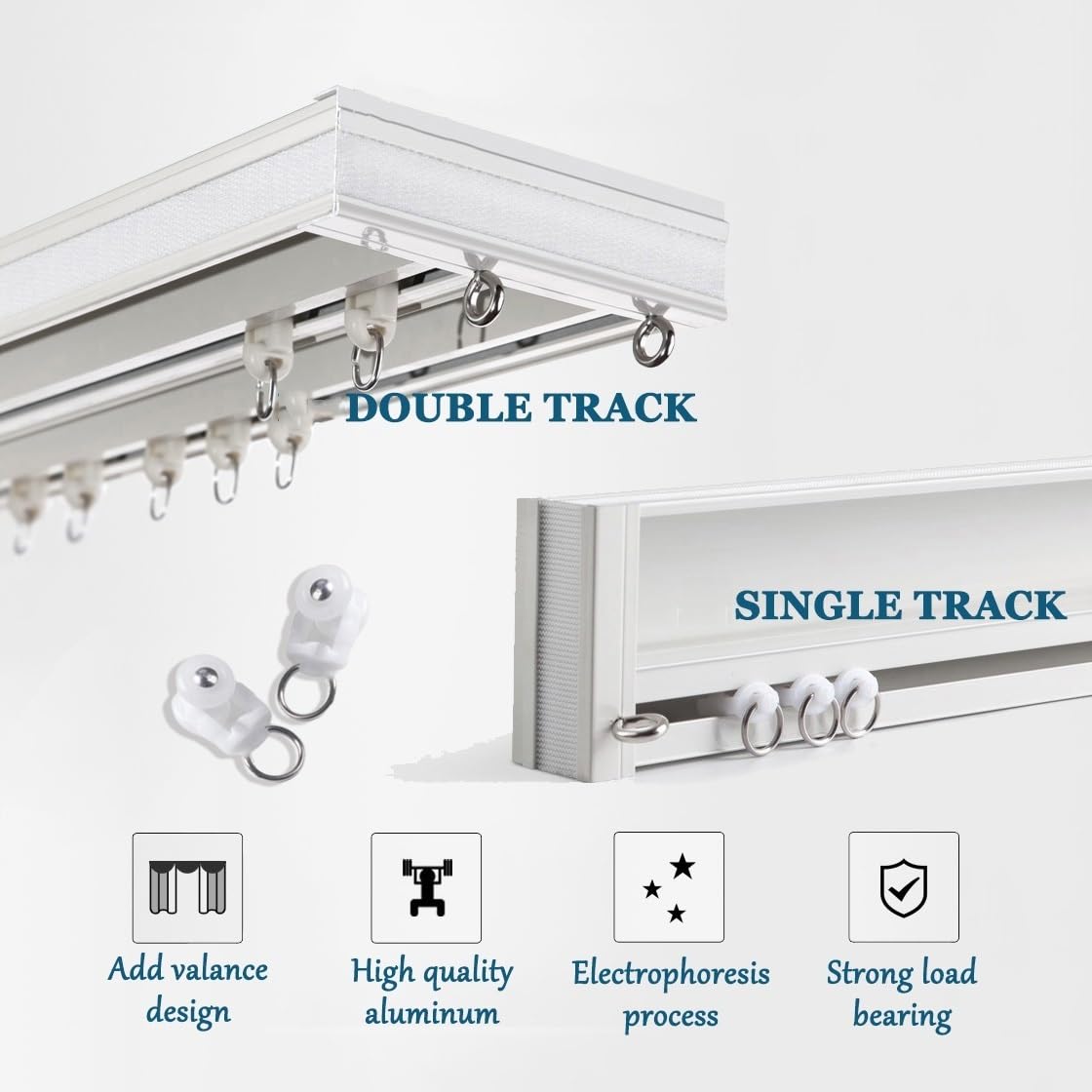Système de tringle à rideaux, système de double tringle à rideaux pour fenêtres droites, fixation au plafond ou au mur, ensemble de tringle à rideaux coulissante avec cantonnière, grande cap