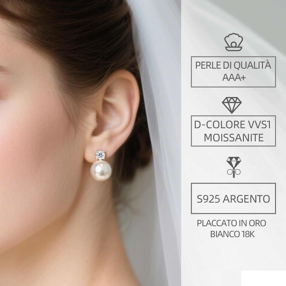 Studs in moissanite con perle, diamanti coltivati in laboratorio, orecchini in argento 925 placcati in oro bianco 18K, orecchini in perle d'acqua dolce, regalo per donne.