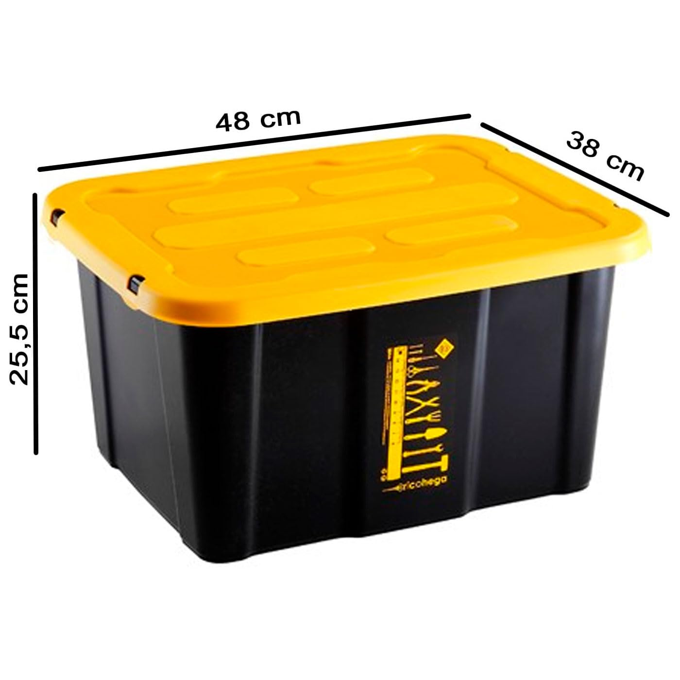 ACAN Tradineur - Caja de almacenaje apilable con tapa, plástico, cajón multiusos, ordenación, herramientas, hogar, fabricada en España (Amarillo y negro - 30 litros - 48 x 38 x 25,5 cm)