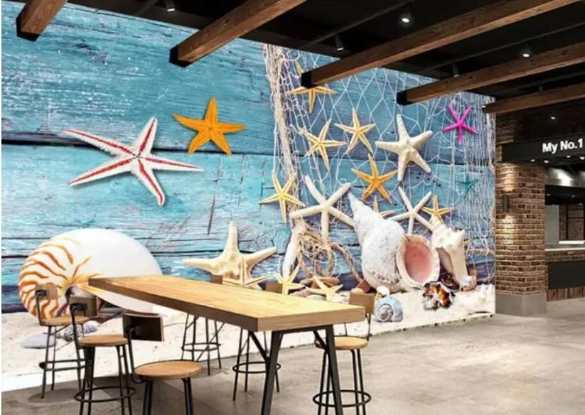 3D Wallpaper panoramique motif marin filet de pêche et coquillages bleus 150x105cm