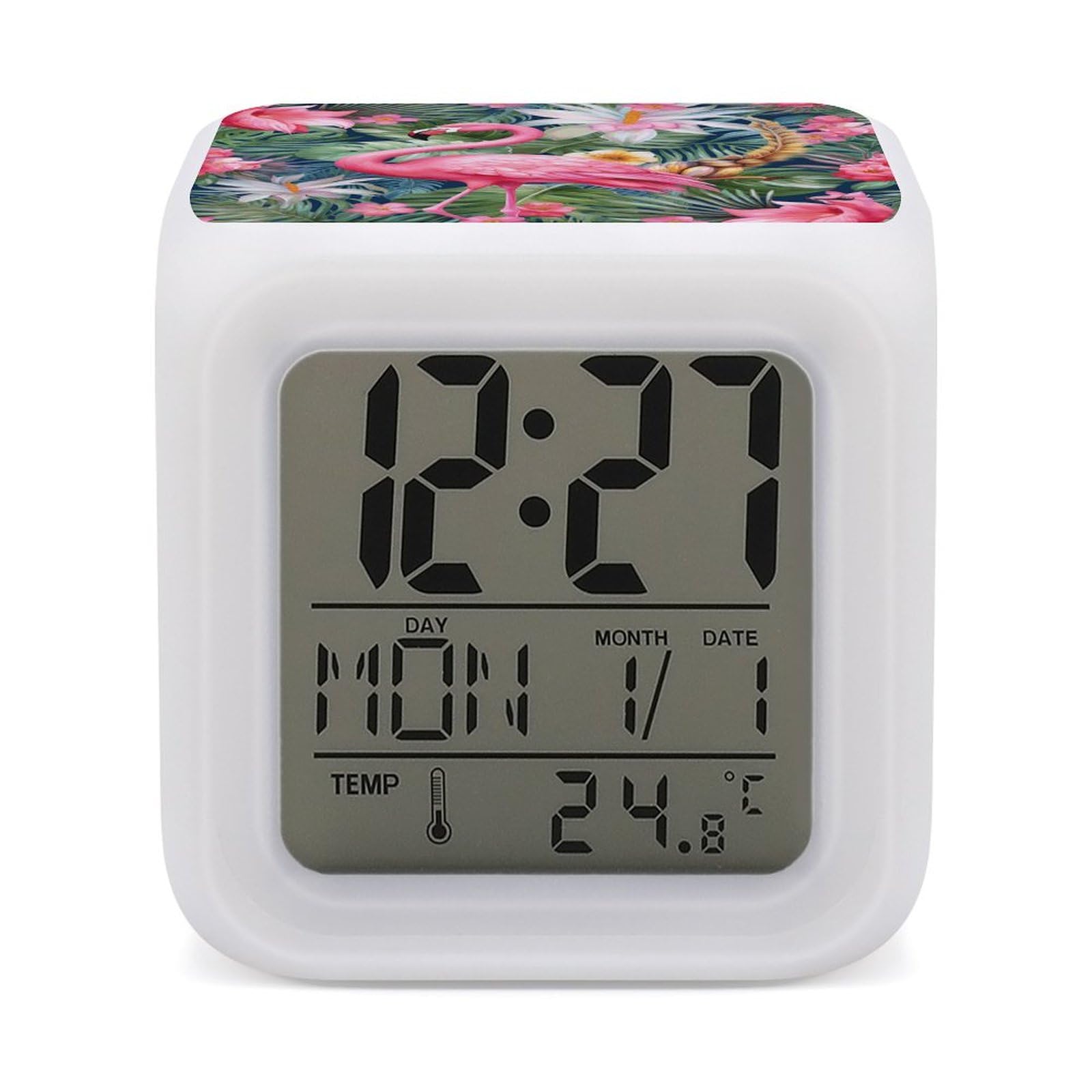 JTREHY 7 Color Changing LED Digital Alarm Clock,Flamingo Floral Pattern Printed Wake-up Clock with Temperature Display Home Decoration Alarm Clock for Bedroom Office